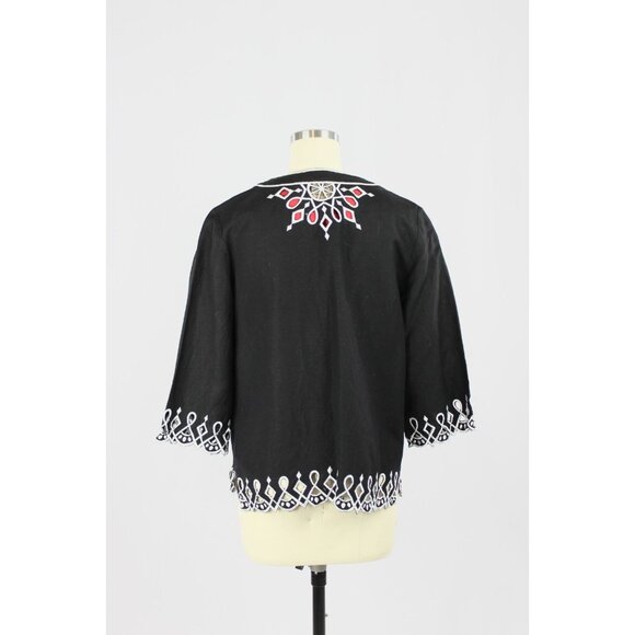 Vintage 00's BOB MACKIE Black Linen Rayon White Embroidered Open Jacket, Size XS - Picture 3 of 13